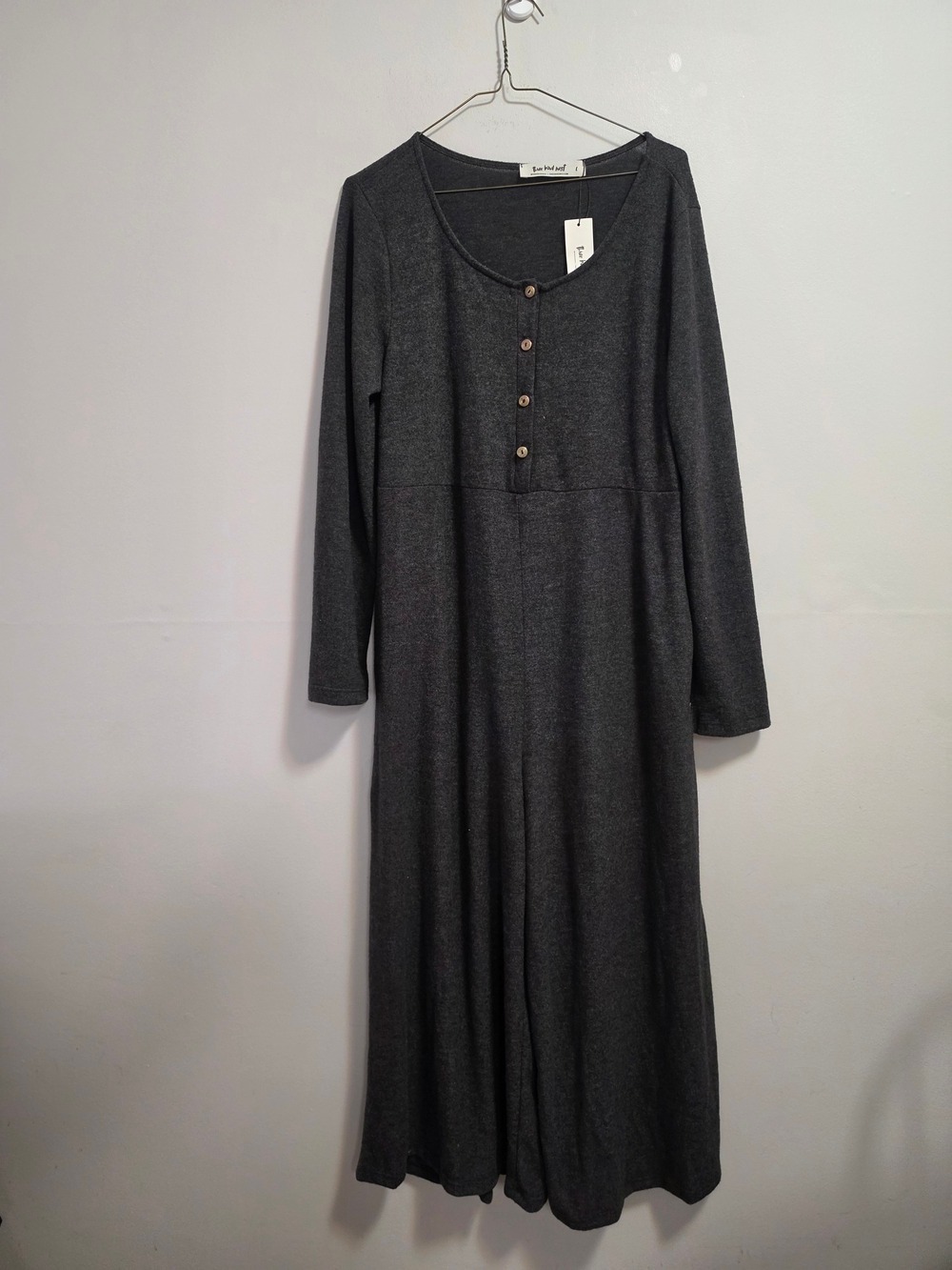 Three Bird Nest Charcoal Long Sleeve Button-Front Jumpsuit